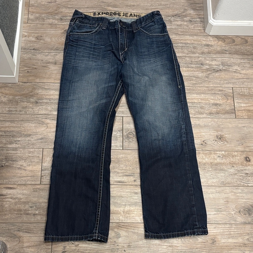 Express Men's Dark Blue Kingston Classic Fit Regular Rose Boot Cut Jeans 34 X 30